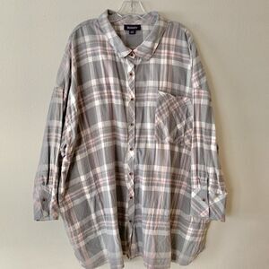 Roaman's Women's Cotton Flannel Long Sleeve Button Up Gray Pink Plaid Shirt 34W